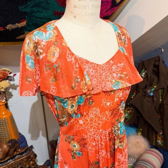 Vintage 70s Coral Orange Floral Maxi Dress Ruffle Flutter Sleeve Boho Size 10 - Picture 2 of 9